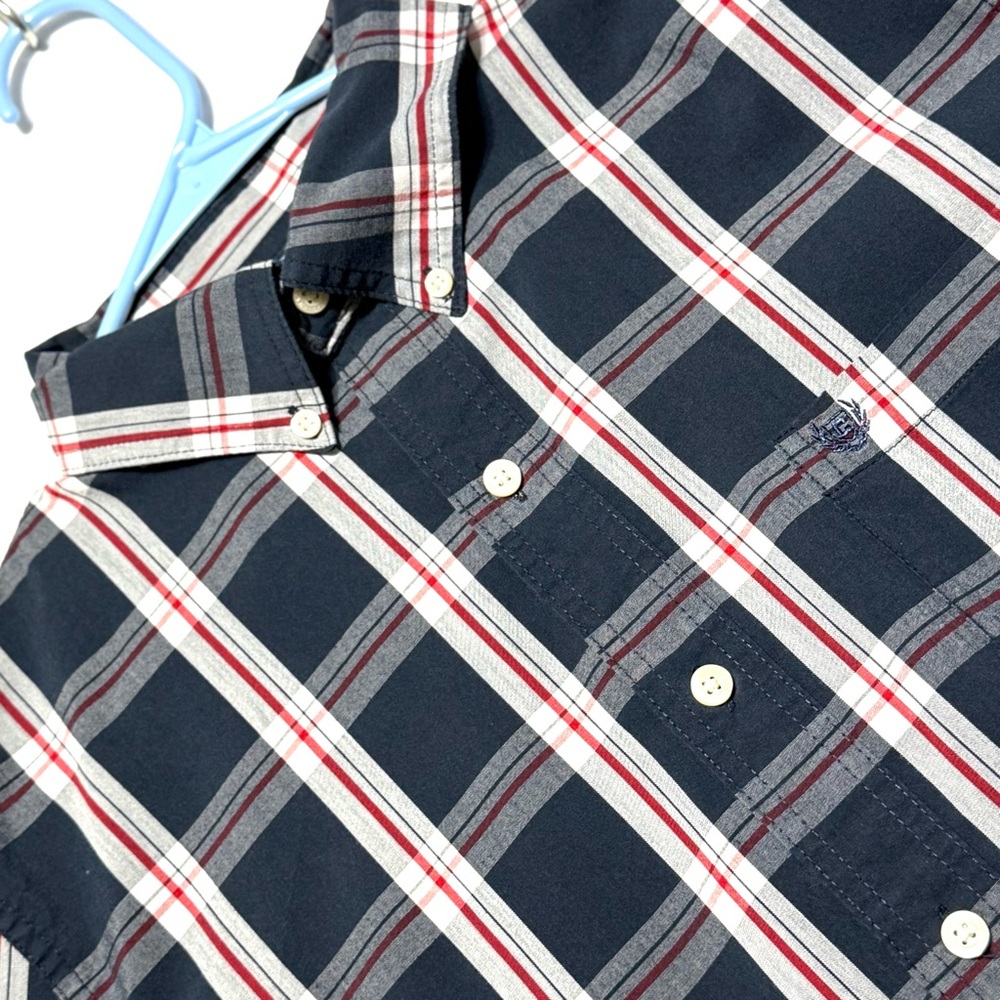 Chaps Navy Red White and Gray Plaid Button Down Shirt Size M Excellent